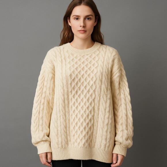 Vintage LL Bean Ireland wool Fisherman ivory cableknit sweater Size X Large XL - Picture 2 of 16